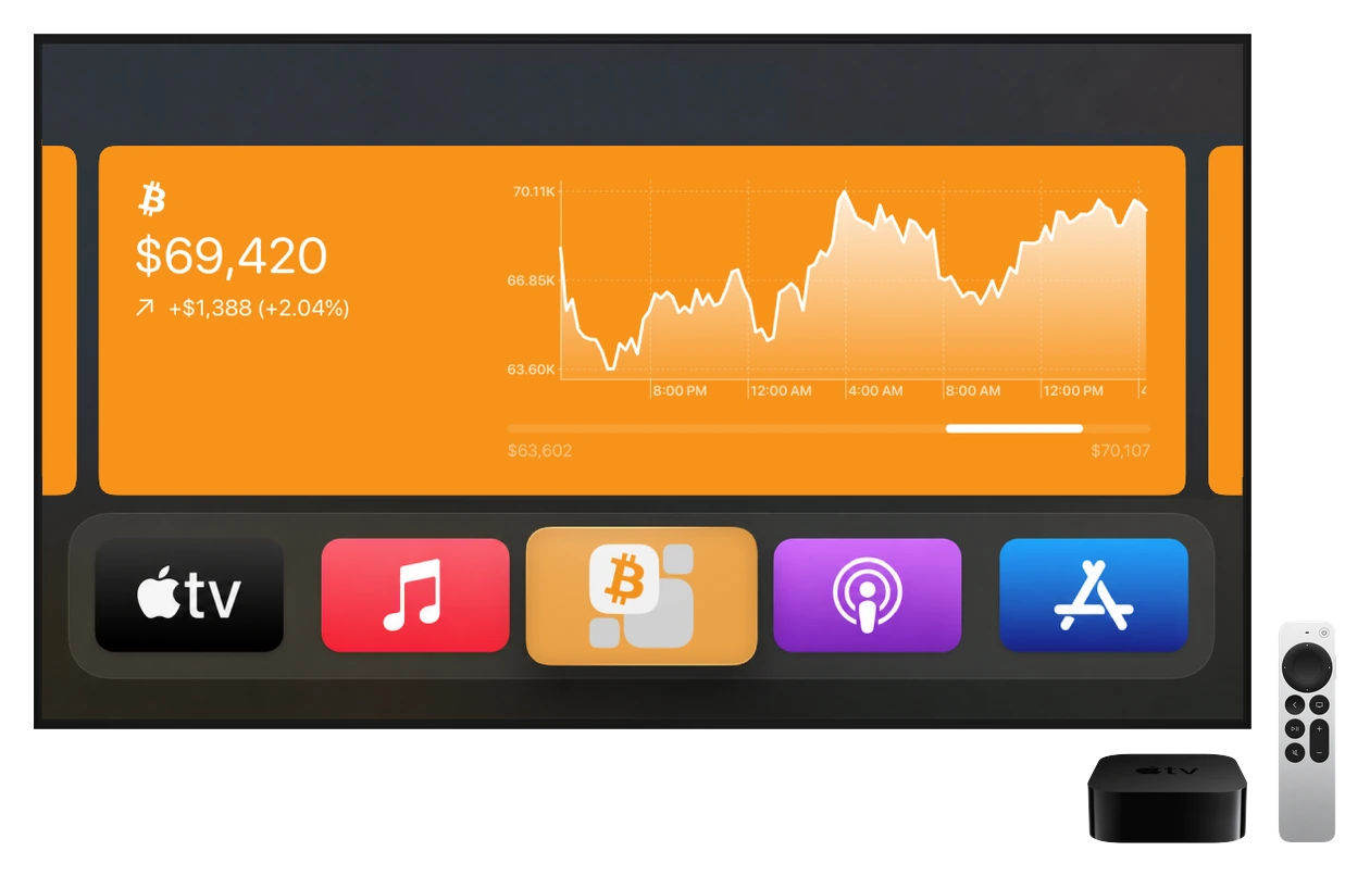 Supplied Top Shelf screen without a status pill and with its five-app bottom shelf inside an Apple TV bezel