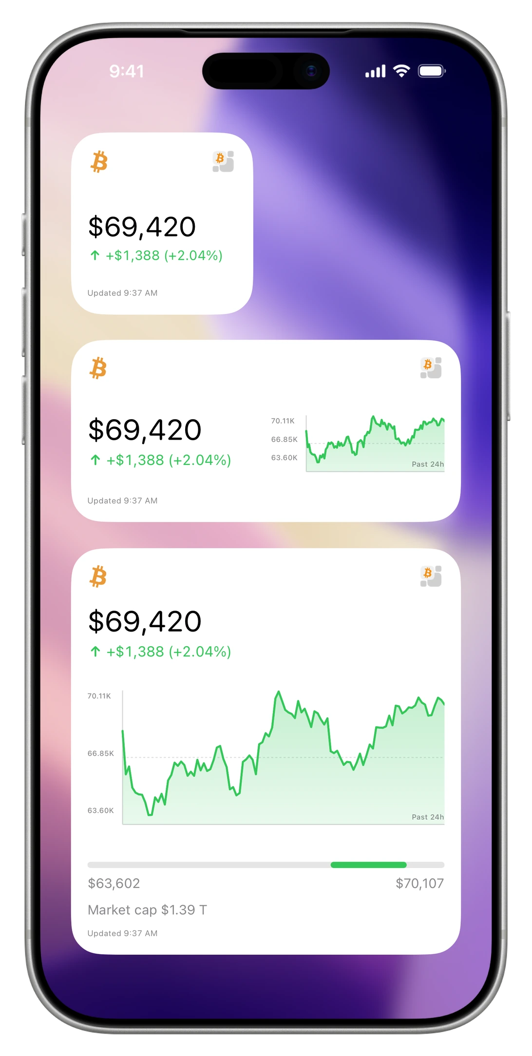 iPhone Home Screen with small, medium, and large Bitcoin price widgets