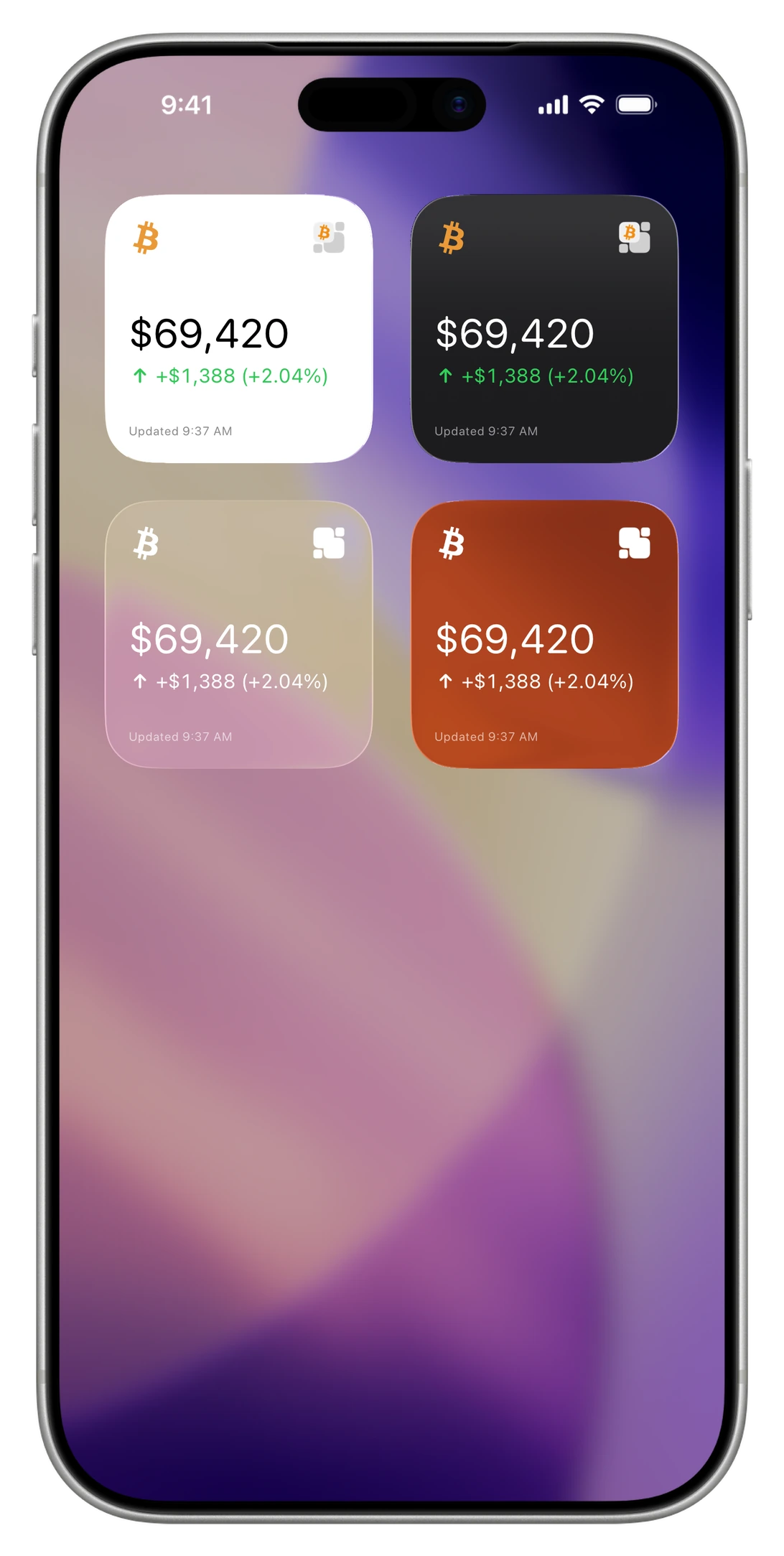 iPhone Home Screen with four Satoshi Widgets rendering styles