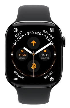 Orange Infograph Apple Watch with Satoshi Widgets complications at 10:09:30