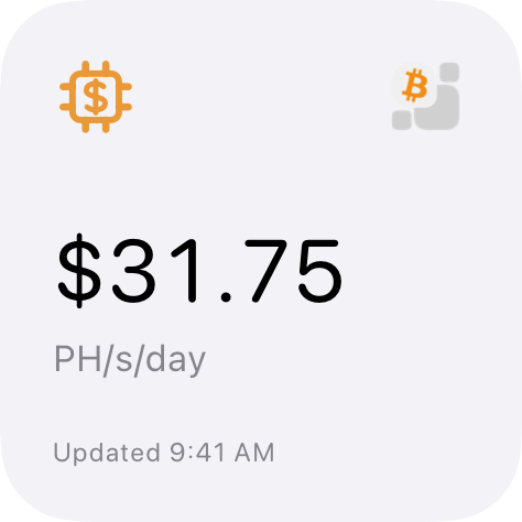 Hashprice Home Screen widget showing daily mining revenue per PH/s